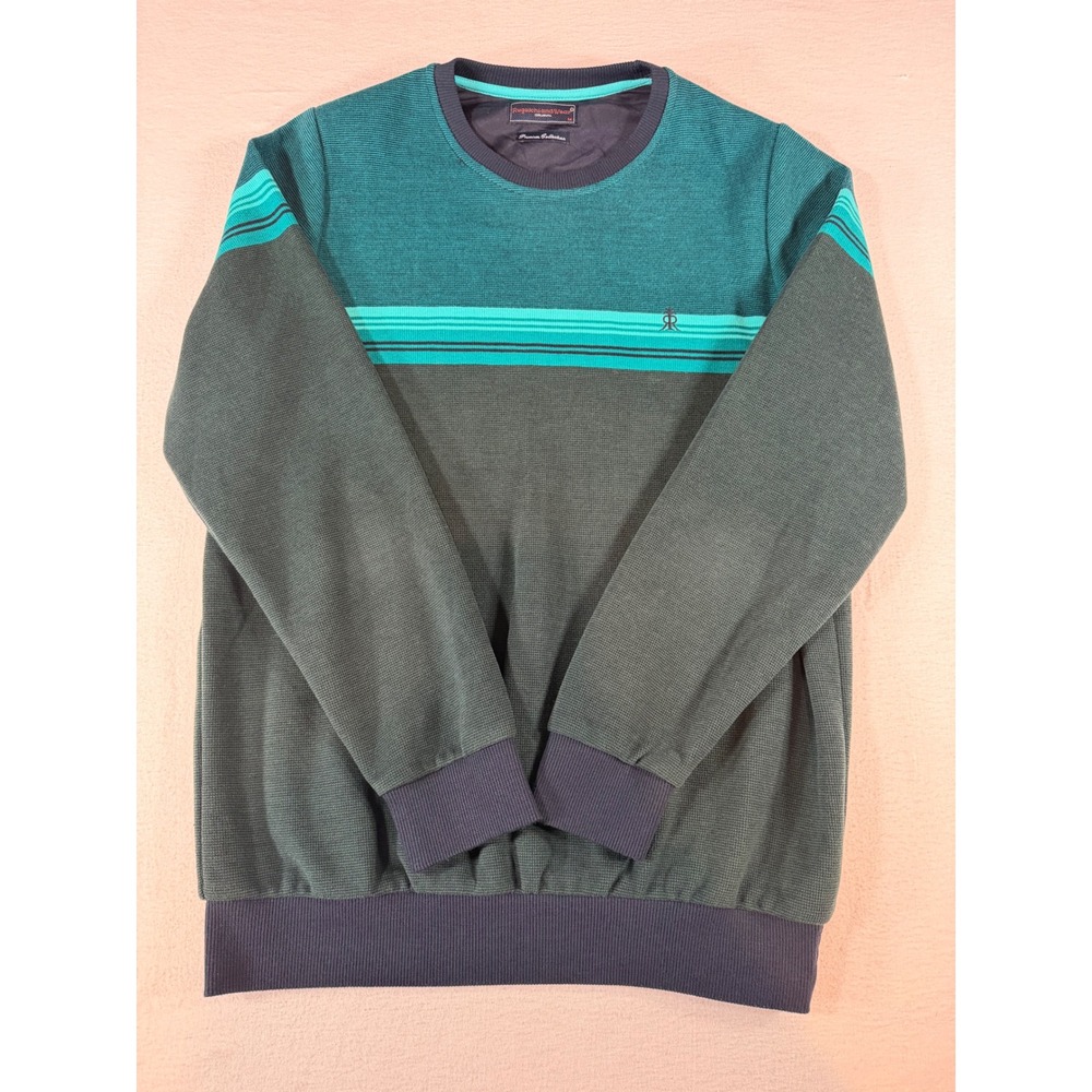 RugaichiandWear Original Mens Teal Green Striped Crewneck Sweater Size M
